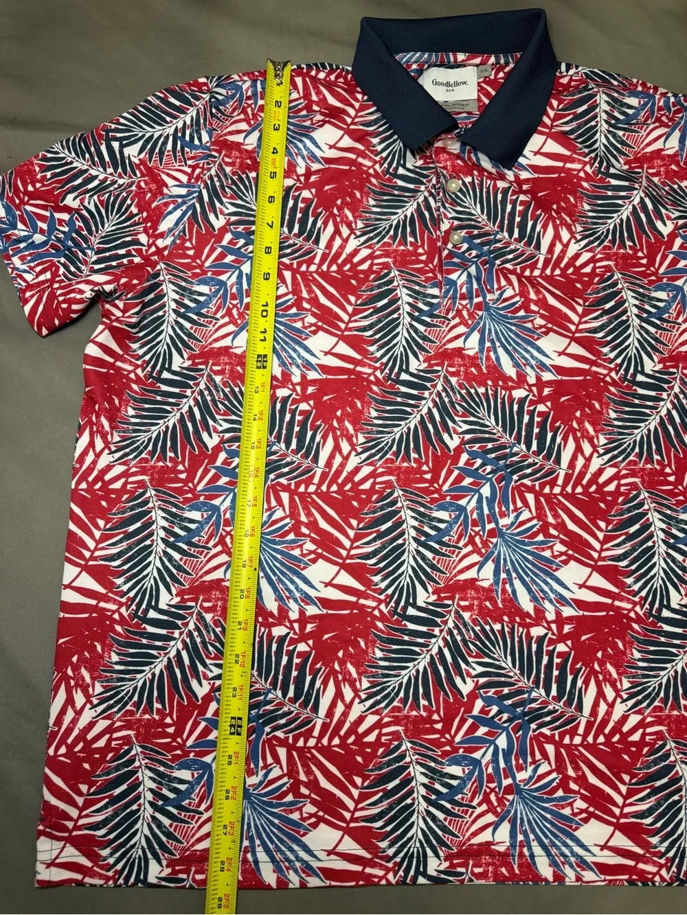 Goodfellow & Co Red Tropical Leaf Print Polo with Navy Collar